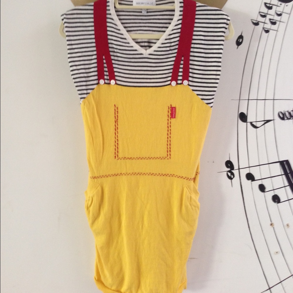 See By Chloé Yellow Dress with Red Straps and Black & White Striped Top